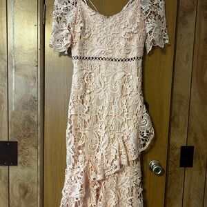 Elegant LuLus Briarwood Pink Lace midi dress